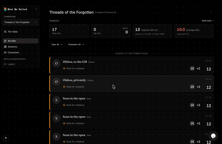 Assigning a member their Foundry user on The Table, and the private rolls appearing in the feed