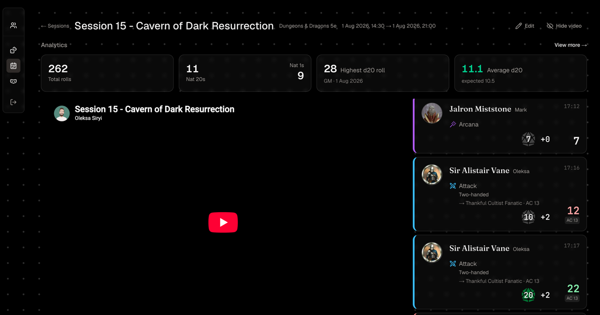 A session's YouTube recording alongside its rolls